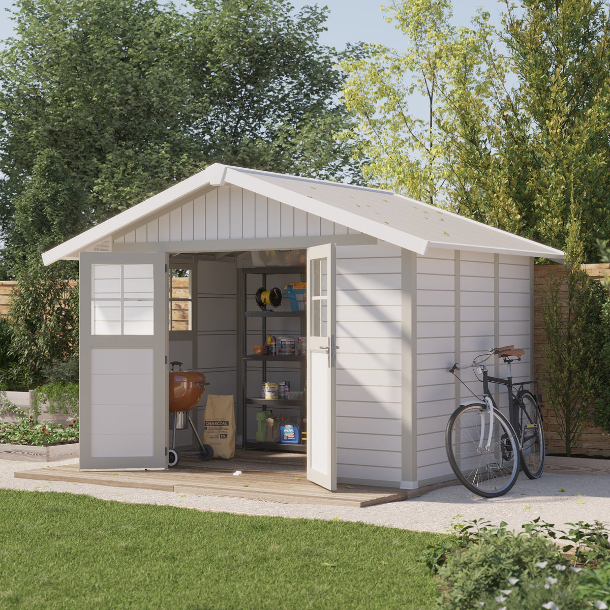 Abri de jardin 7,5 m² blanc - gris_vert Déco