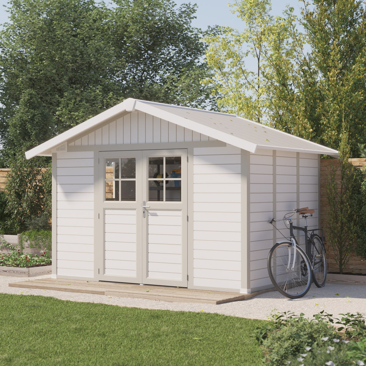 Abri de jardin 7,5 m² blanc - gris_vert Déco