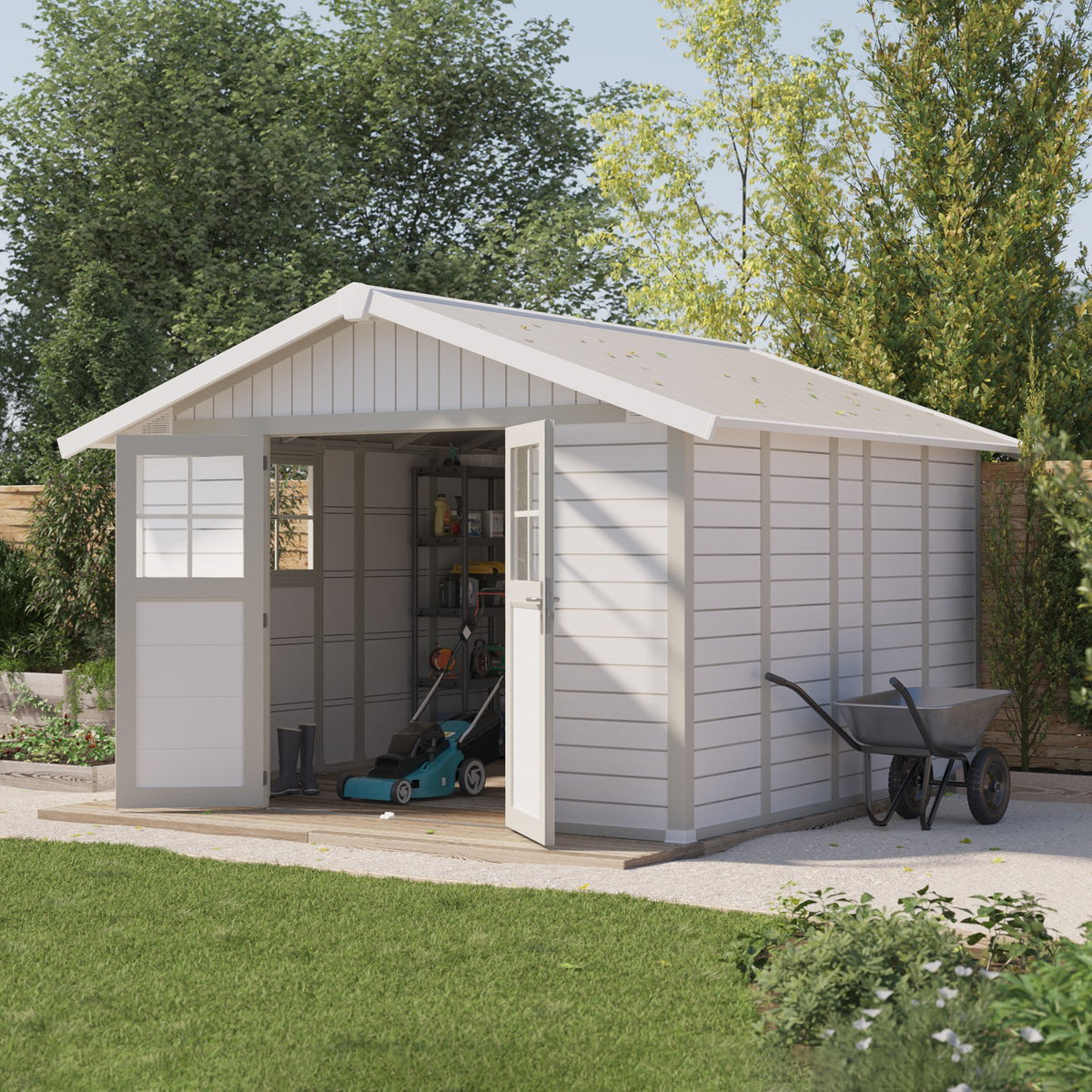 Abri de jardin 11 m² blanc-gris_vert Déco