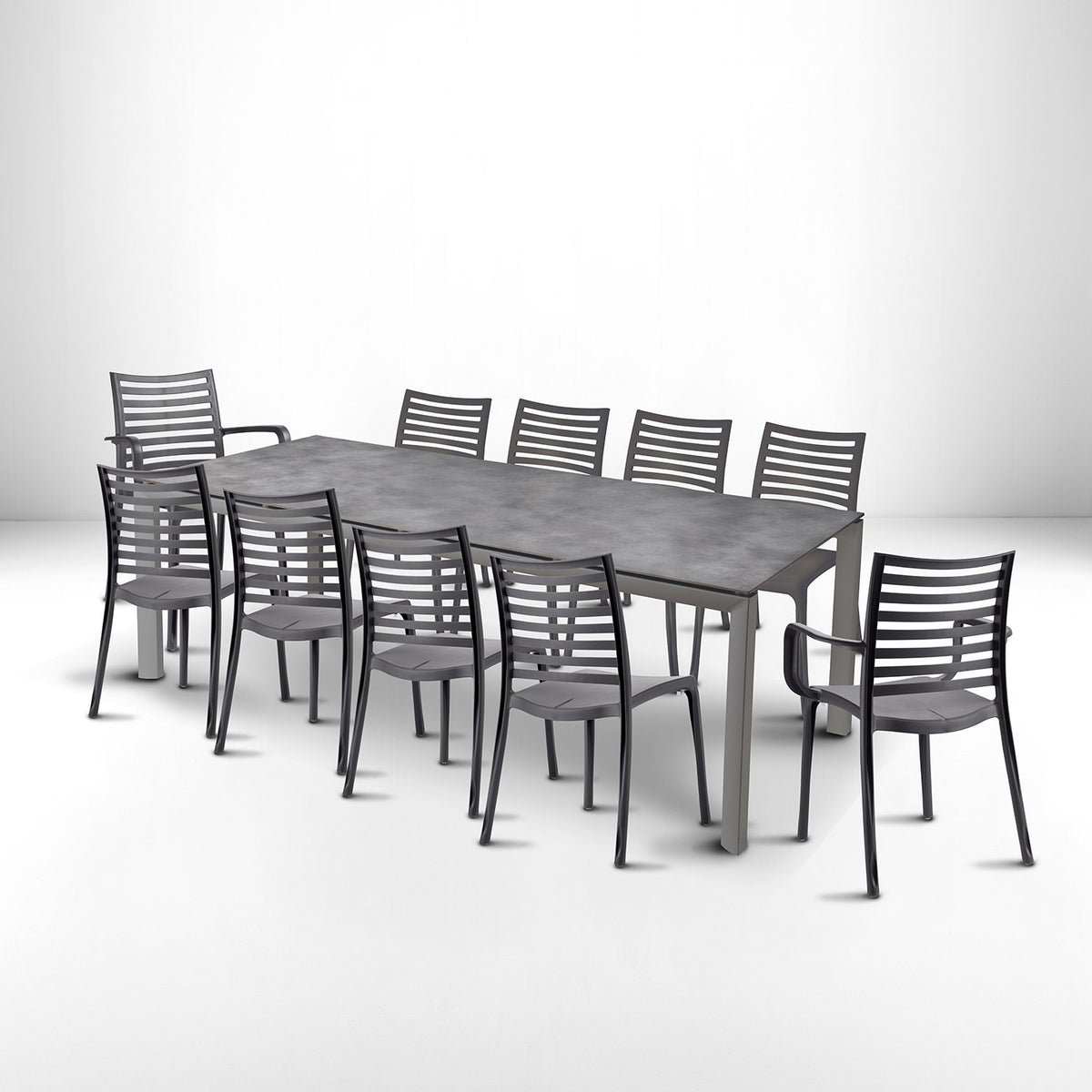 Lot table Greggia 220 x 95 cm + 8 chaises + 2 fauteuils Sunday