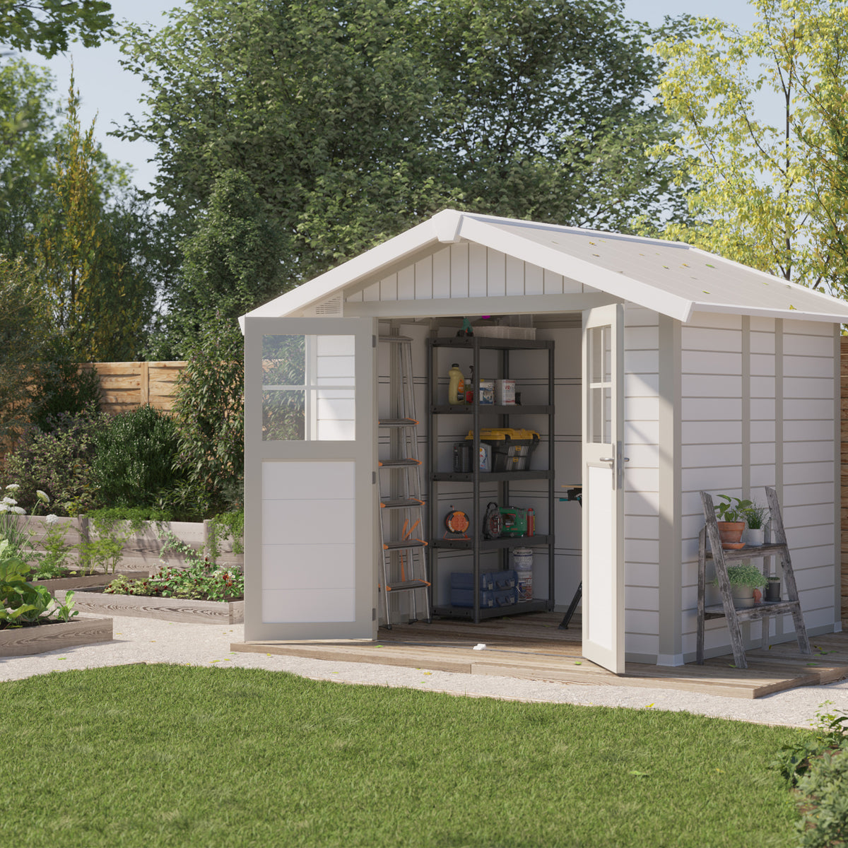 Abri de jardin 4,9 m² blanc - gris_vert Déco